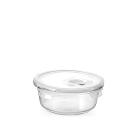 Contenitore in vetro tondo con coperchio in plastica e valvola