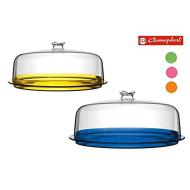 Piatto torta in plastica colorata con cupola trasparente (colori assoriti)