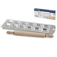 Set stampo in alluminio 12 ravioli quadrati e mattarello in legno