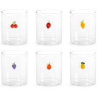 Confezione 6 bicchieri in vetro borosilicato trasparente con miniature esterne decori assortiti cl 42