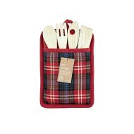 Porta mestoli in cotone e poliestere con 4 utensili in legno Tartan