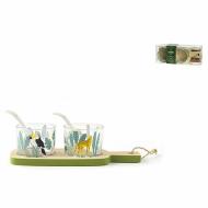 Set 2 coppette in vetro con cucchiaini in porcellana e base in legno Caribe