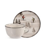 Set 2 tazze da tè con piattino in stoneware Retro Skier