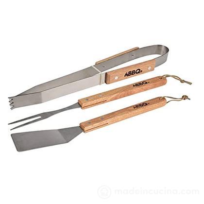 Set 3 utensili barbecue con manico in legno