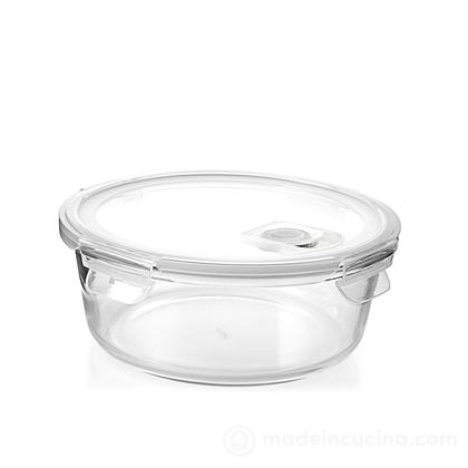 Contenitore in vetro tondo con coperchio in plastica e valvola Contenitore in vetro tondo con coperchio in plastica e valvola