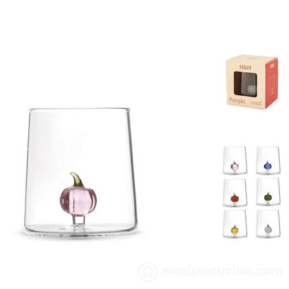 Set 12 bicchieri in vetro borosilicato con miniature decoro zucca colori assortiti cl 29