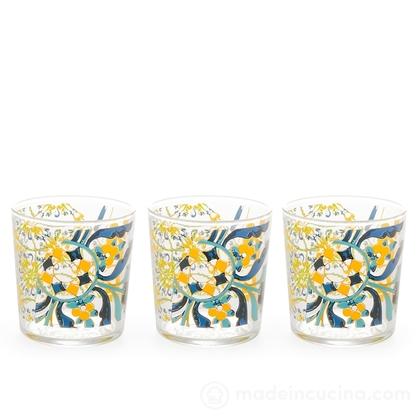 Set 3 bicchieri in vetro decorato Faenza cl 35