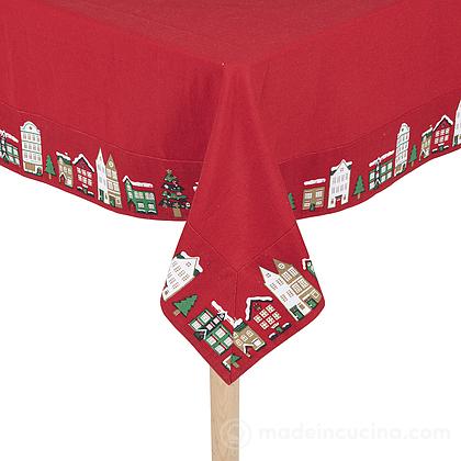 Tovaglia natalizia in cotone Xmas Village rosso cm 140x180