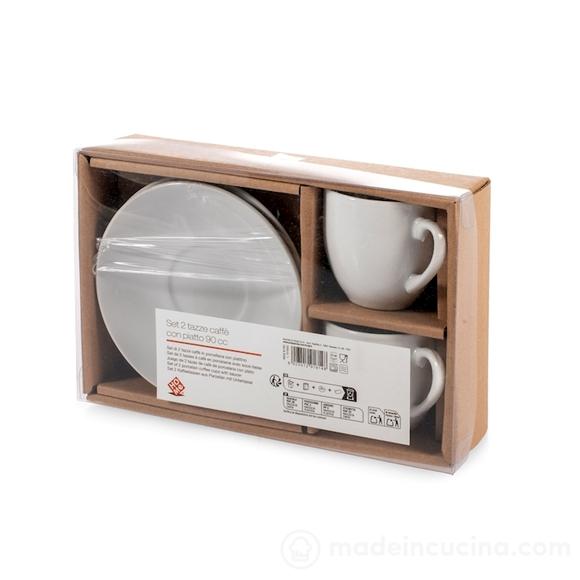 Set 2 tazzine da caffè con piattino in porcellana bianca