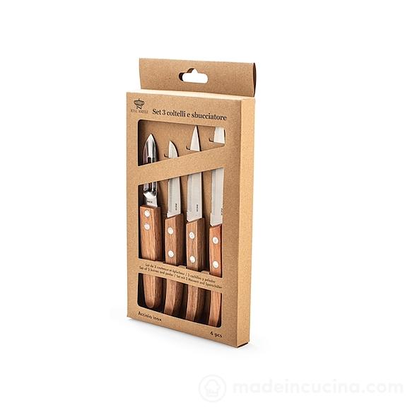 Set 3 coltelli e sbucciatore in acciaio inox con manico in legno